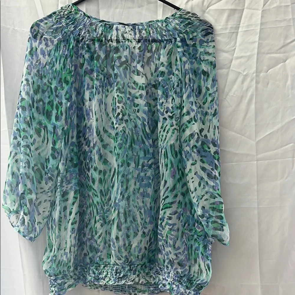 New York & Company Sheer Green and Blue Flutter Sleeve Blouse - Picture 3 of 3